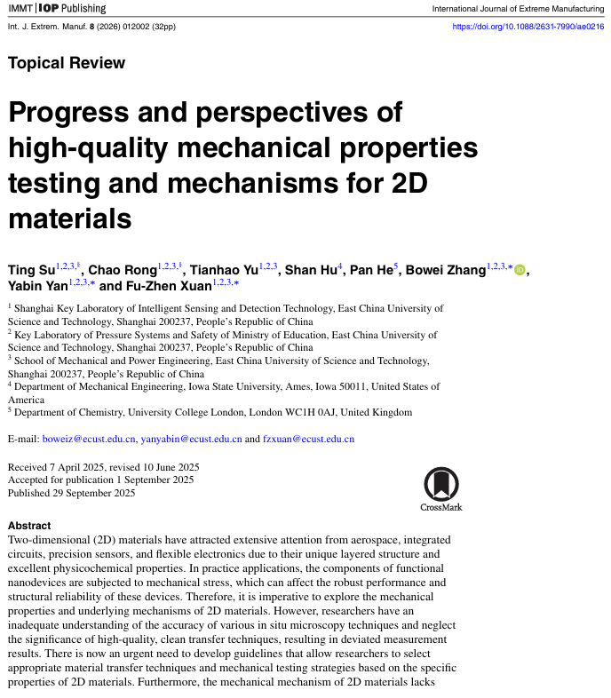 International Journal of Extreme Manufacturing 二维材料力学综述论文首页