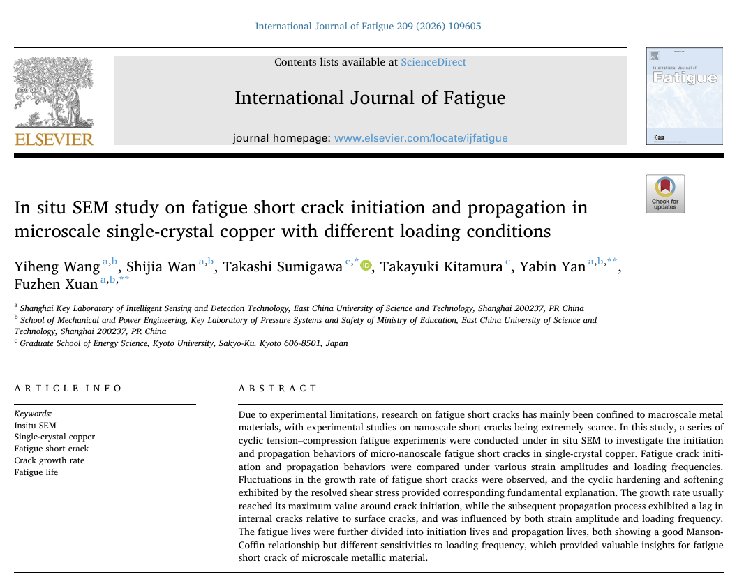 International Journal of Fatigue 微尺度单晶铜疲劳研究论文首页