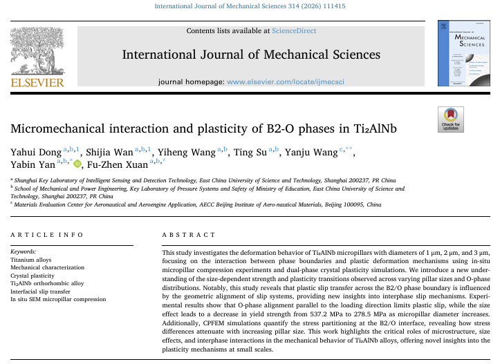 International Journal of Mechanical Sciences Ti₂AlNb 合金微力学研究论文首页